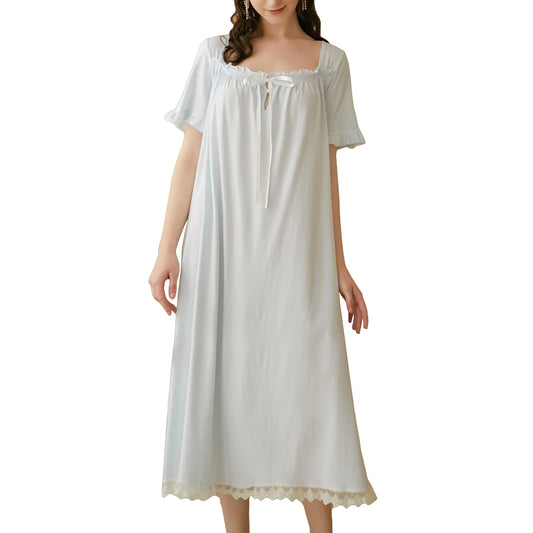 Lus Chic Womens Victorian Nightgown Princess Cotton Sleepwear Short Sleeve Long Loungewear Vintage Summer Loose Ruffle Nightwear Pajama Pj Night Sleep Dress Gown Blue X-Large