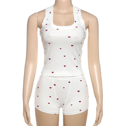 Womens Sleeveless Pajama Set with Heart Pattern