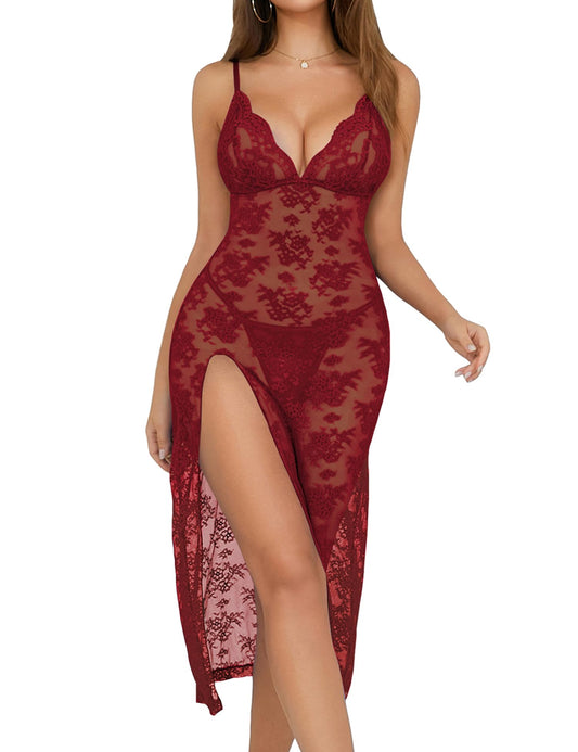 Aranmei Womens Lingerie Sexy V Neck Lace Mesh Babydoll Sleepwear Nightgown Long Side Split Sleep Dress(Wine Red Large)
