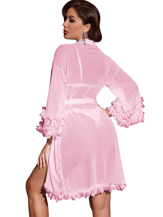 OYOANGLE Womens Mesh Sheer Appliques Trumpet Floral Sleeve Belted Sleep Robe Bridal Wedding Lingerie Pink X-Large
